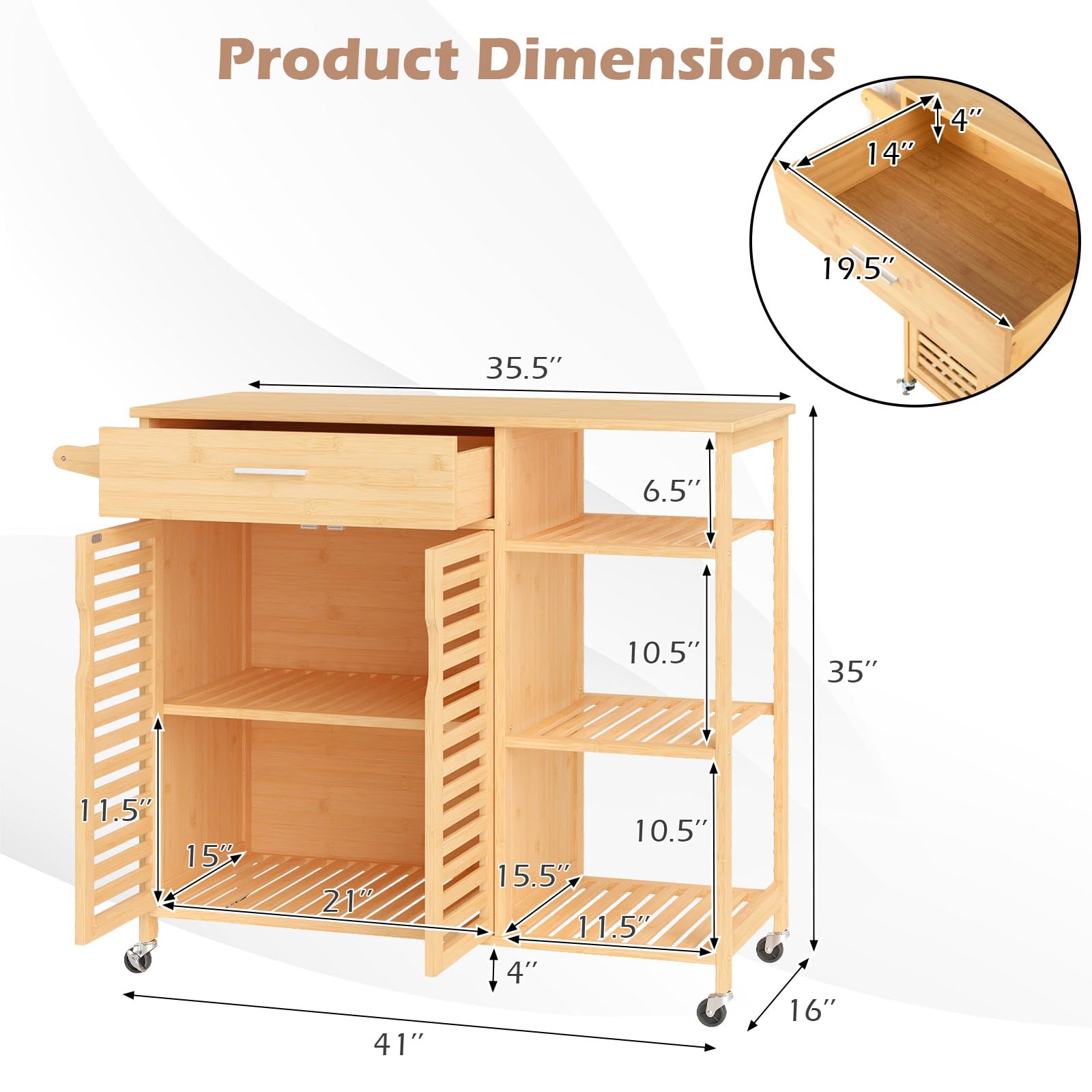 Giantex Bamboo Kitchen Island Cart, Mobile Serving Cart with Drawer, 2-Door Storage Cabinet, 3-Tier Shelves & Towel Rack, Rolling Utility Trolley for Dining Room (Natural)