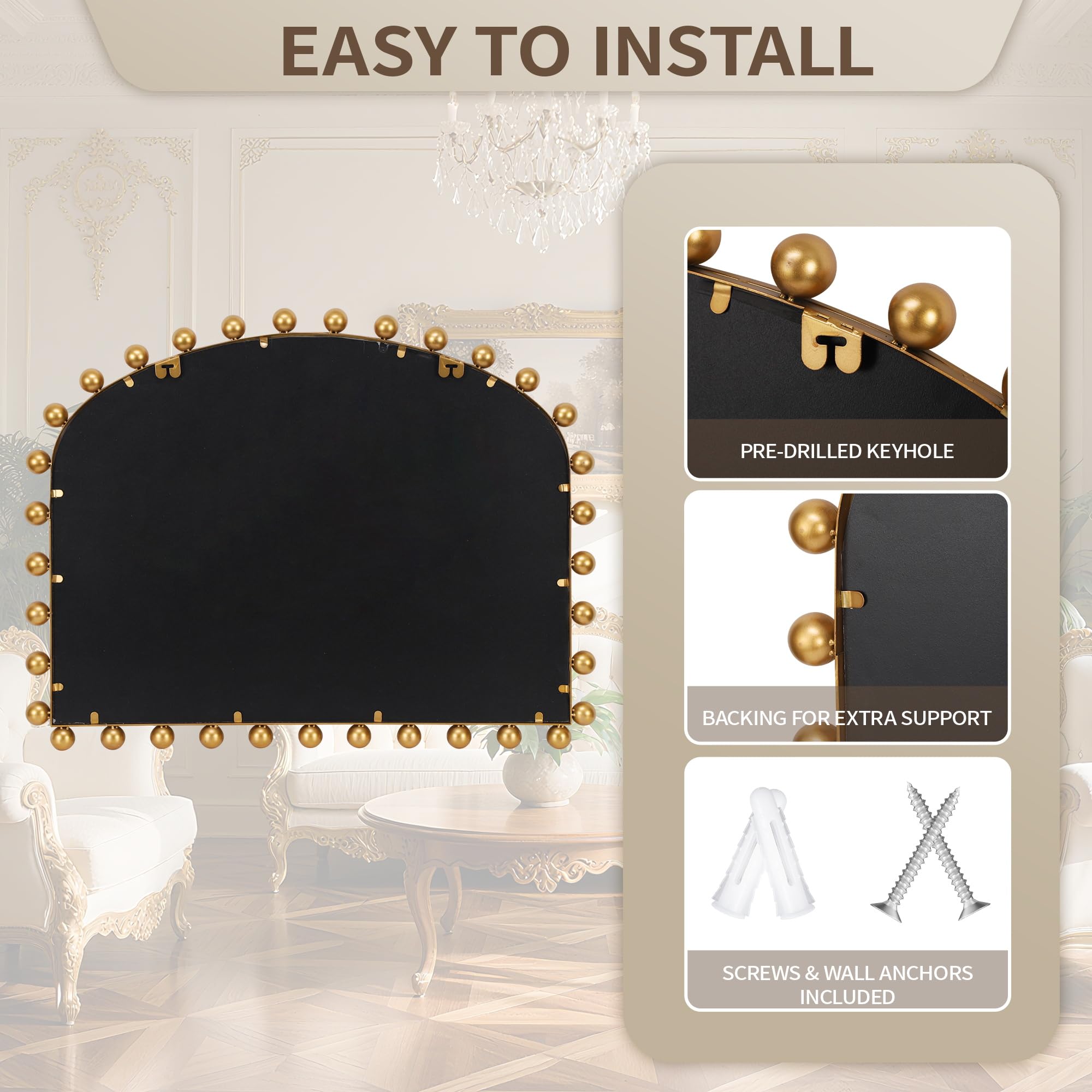 Wide Arch Wall Mirror with Antique Gold Ball Frame & Beveled Glass
