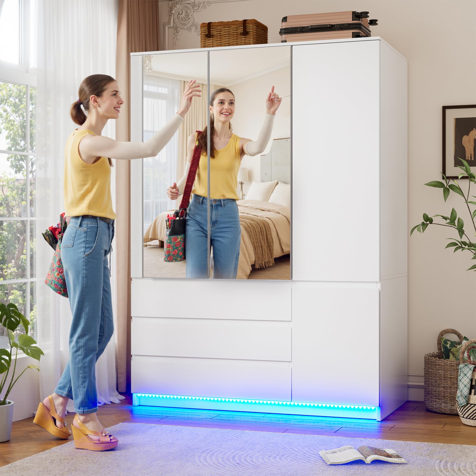 PAKASEPT 3 Doors Armoire Wardrobe Closet with Mirror & Lights, 72.83" H Wooden Bedroom Armoires with 3 Drawers, Hanging Rod & Shelves, Clothing Storage Cabinet for Bedroom
