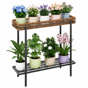Mugovelo Metal Plant Stand with Rattan, Window Plant Rack Indoor Outdoor