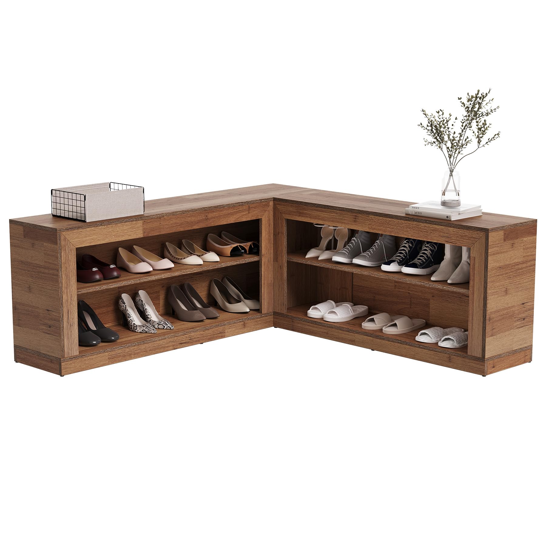 L-Shaped Corner Shoe Bench with Open Storage Shelves