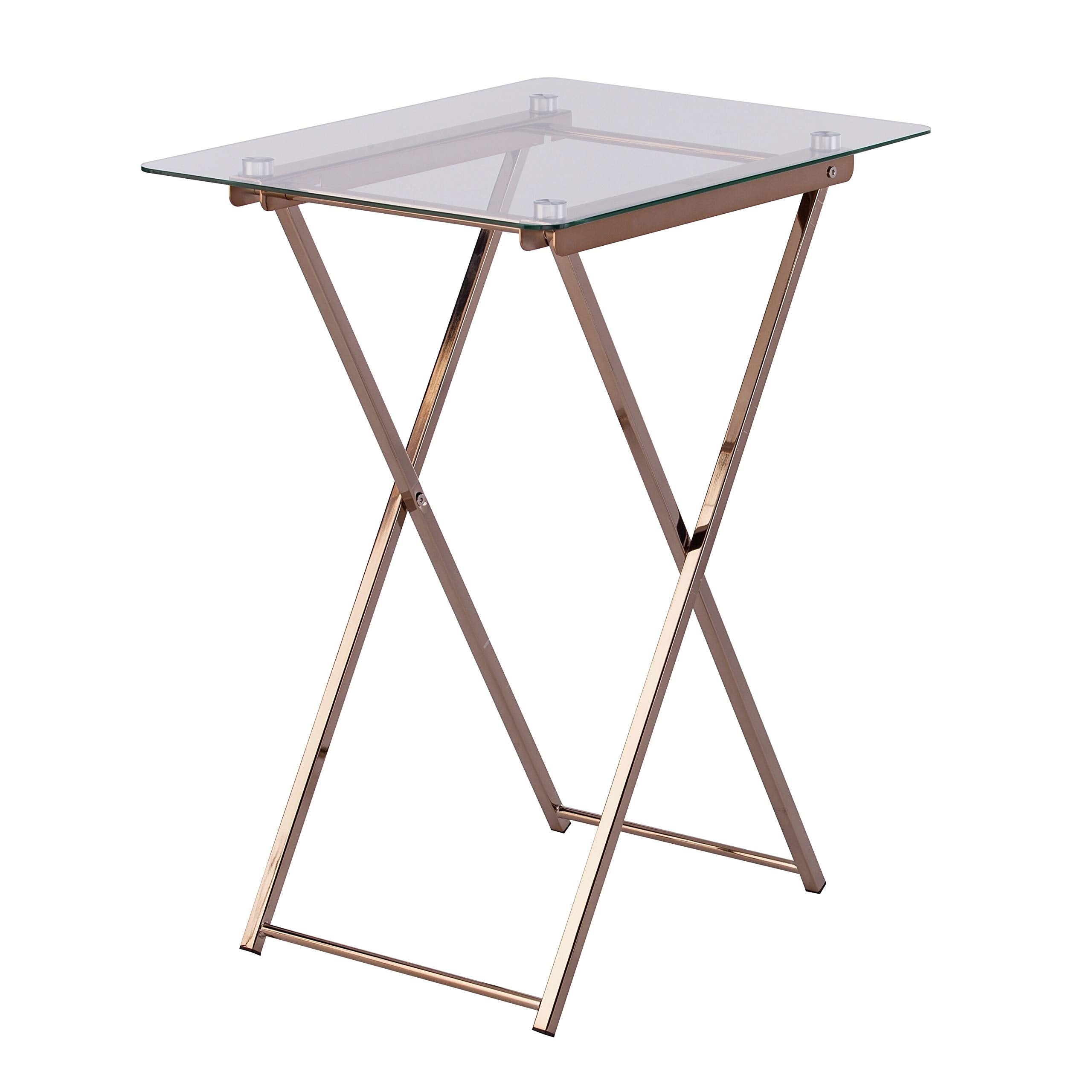 Folding Tray Table Gold Glam Rectangle Glass Iron Metal Champagne Finish Goldtone Metallic Includes Hardware Shelf Storage