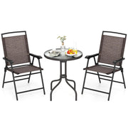 Tangkula 3 Piece Bistro Set Outdoor, Bistro Folding Chairs and Table Set, Rippled Tempered Glass Round Tabletop with Umbrella Hole, Small Patio Furniture Dining Set for Porch Balcony Garden Yard