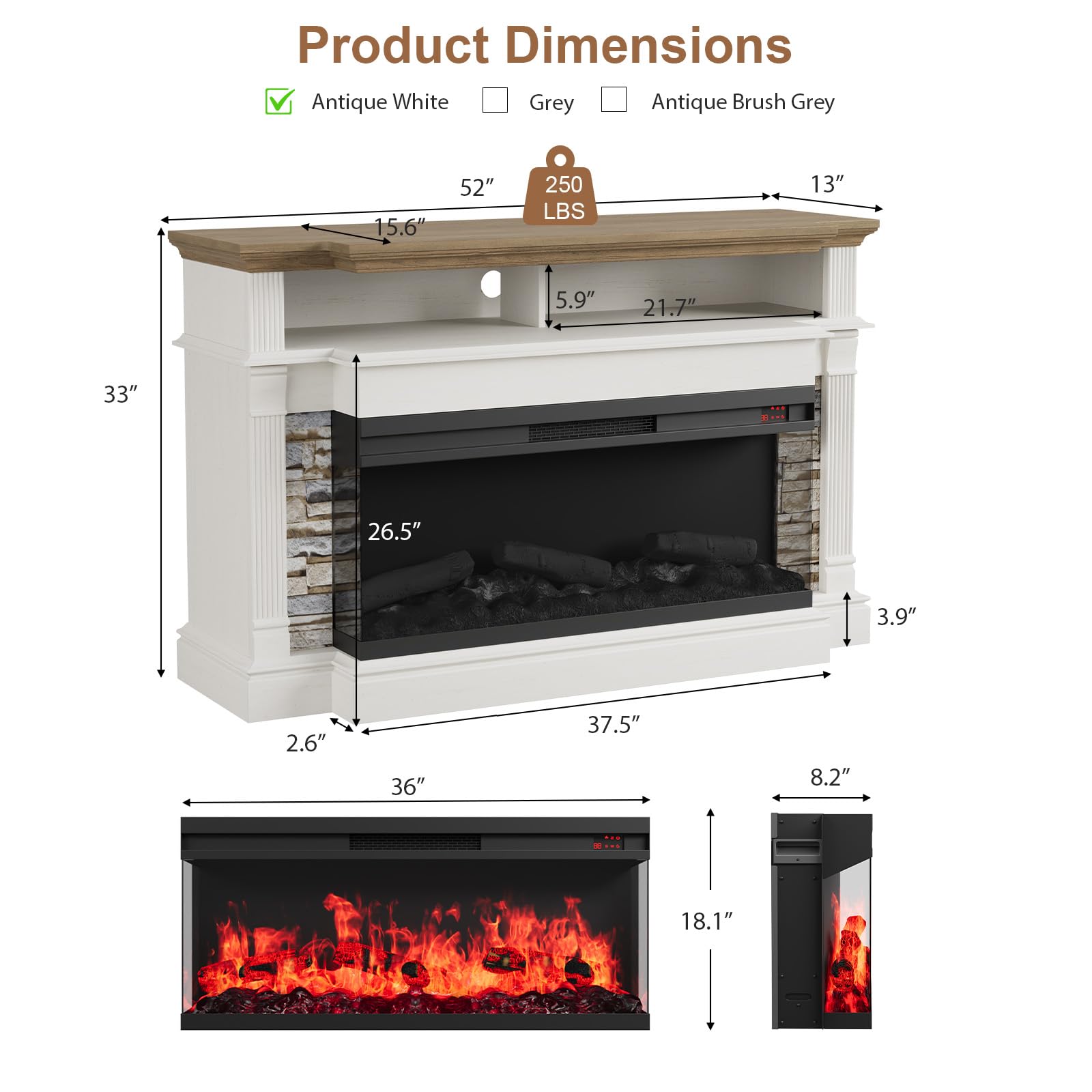 QUW Fireplace TV Stand for TVs up to 65", Farmhouse 52" Fireplace Entertainment Center with 36" 3-Side Glass Electric Fireplace, TV Console with Open Storage Shelves for Living Room, Antique White