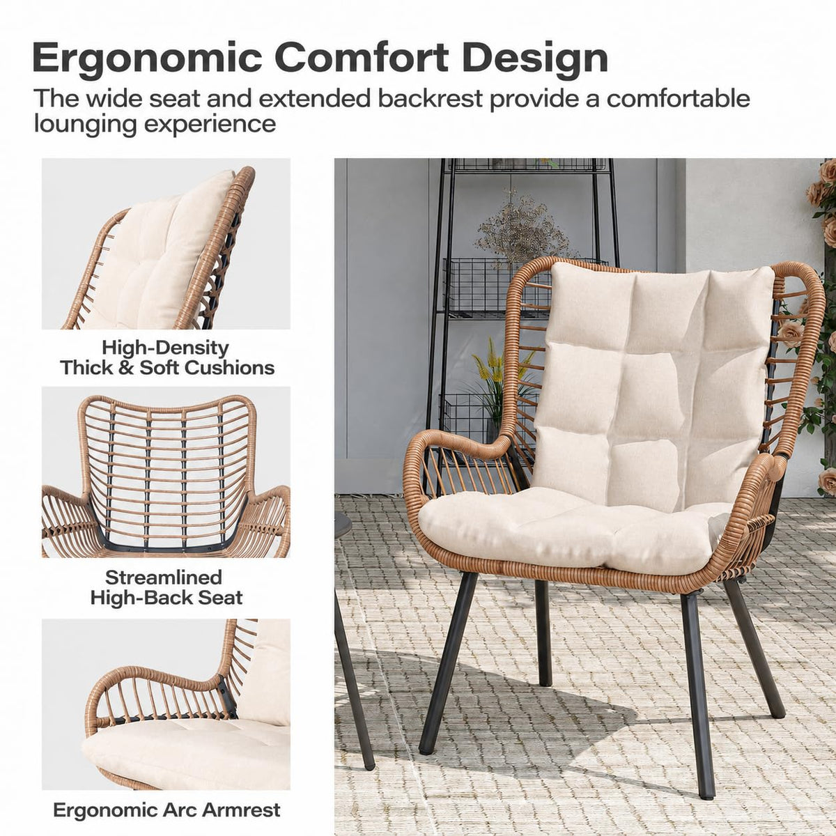 LAUSAINT HOME 3 Piece Outdoor Bistro Set, Small Patio Furniture Set with Coffee Table and Thick Cushions, Front Porch Furniture for Lawn, Garden, Balcony, Poolside, White