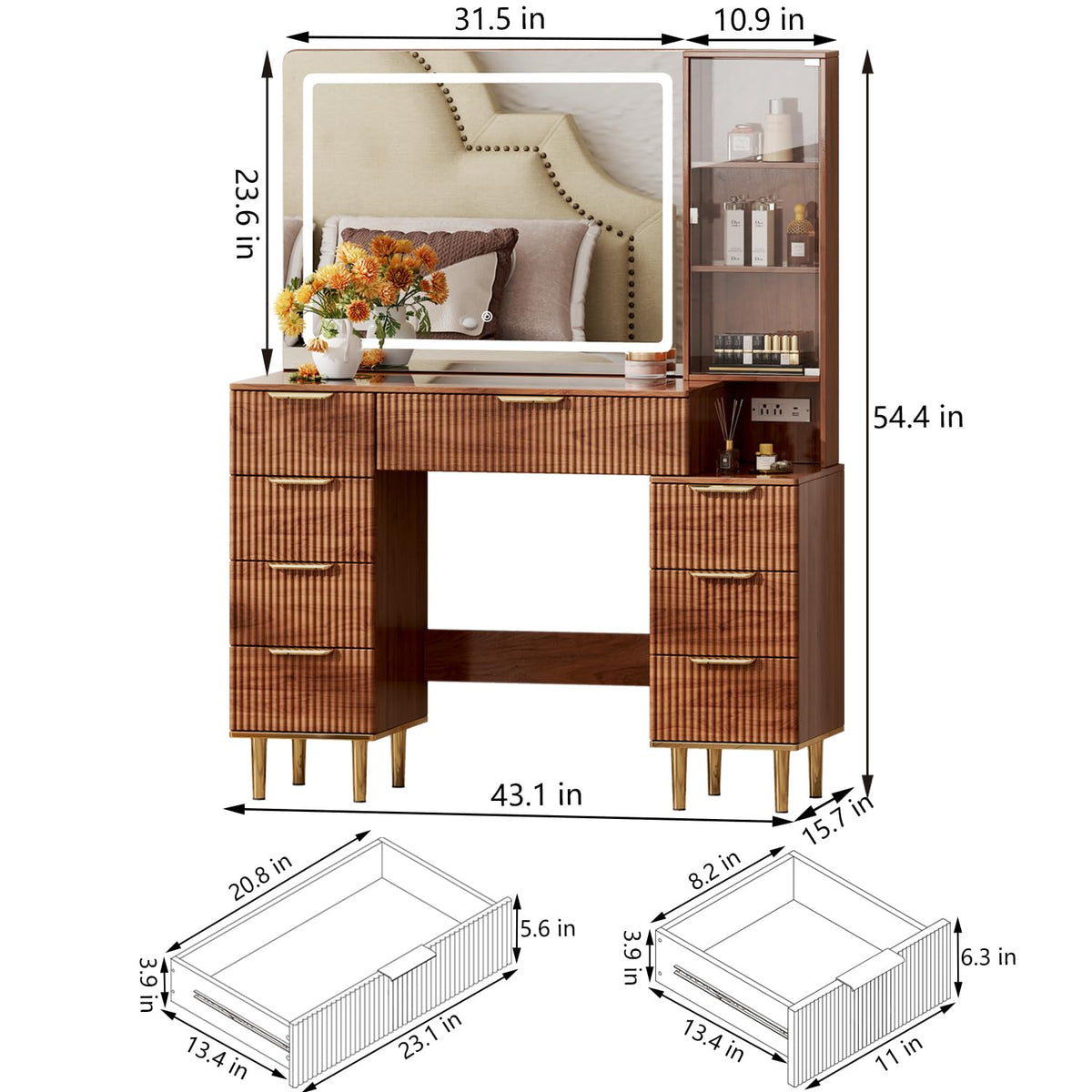 8-Drawer Vanity Desk with LED Mirror
