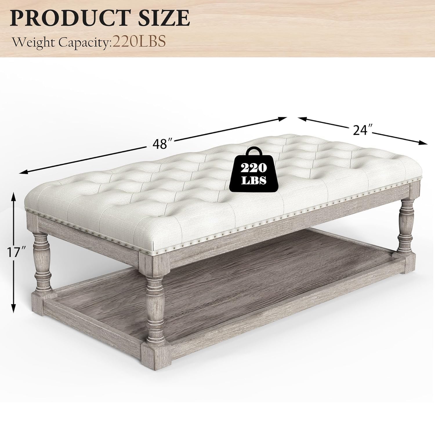 Cuzobro Ottoman Coffee Table, Large Rectangle Ottoman with Storage - Upholstered Cushioned Bench for Living Room, Tufted Linen Fabric with Solid Wood Shelf, Entryway Bench (Beige)