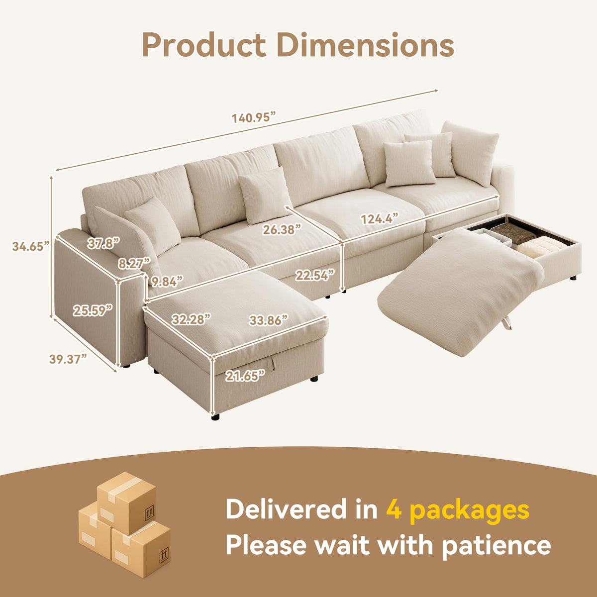 WorthFurni 140” Oversized Cloud Sectional Couches for Living Room, Modern Modular Sectional Sofa with Deep Seat, Convertible U Shape Couch with Storage Ottoman for Apartment, Chenille (Warm White)