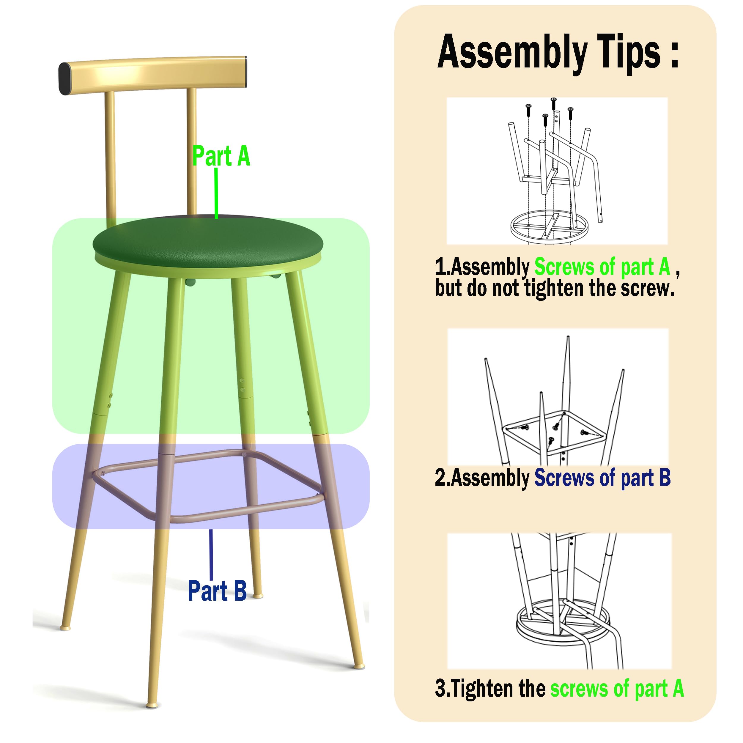 Bar Stools Set of 2 with Backrest & Footrest