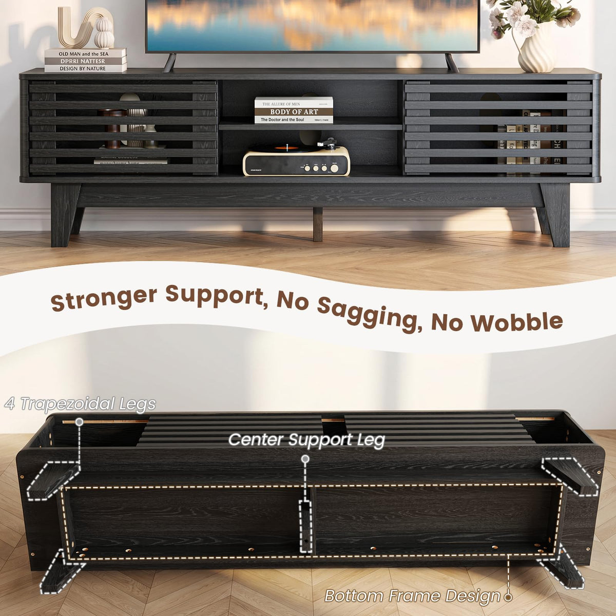 Luoxiao TV Stand with Storage, 59" Modern Black Wood Entertainment Center