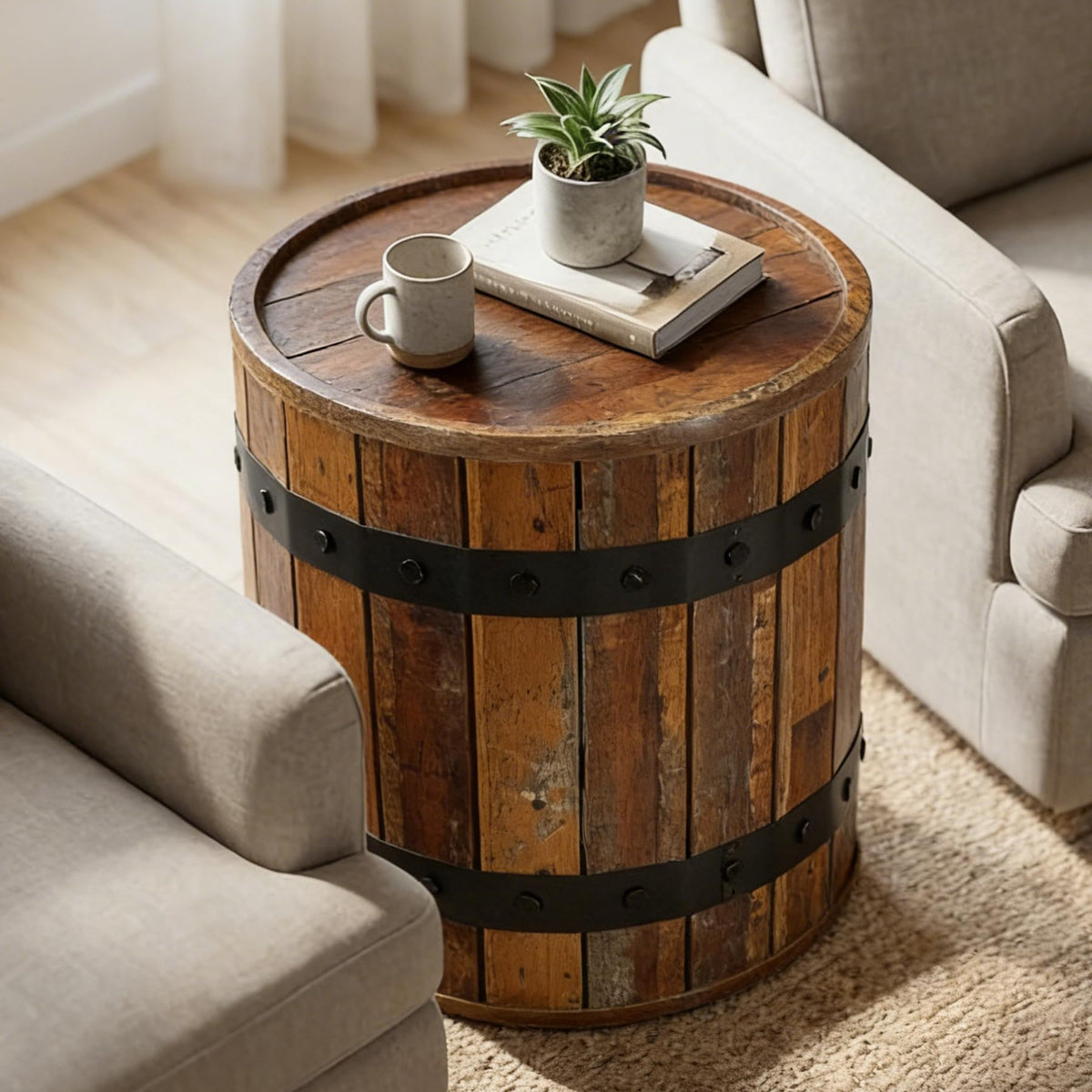 Rustic Barrel Storage Side Table
