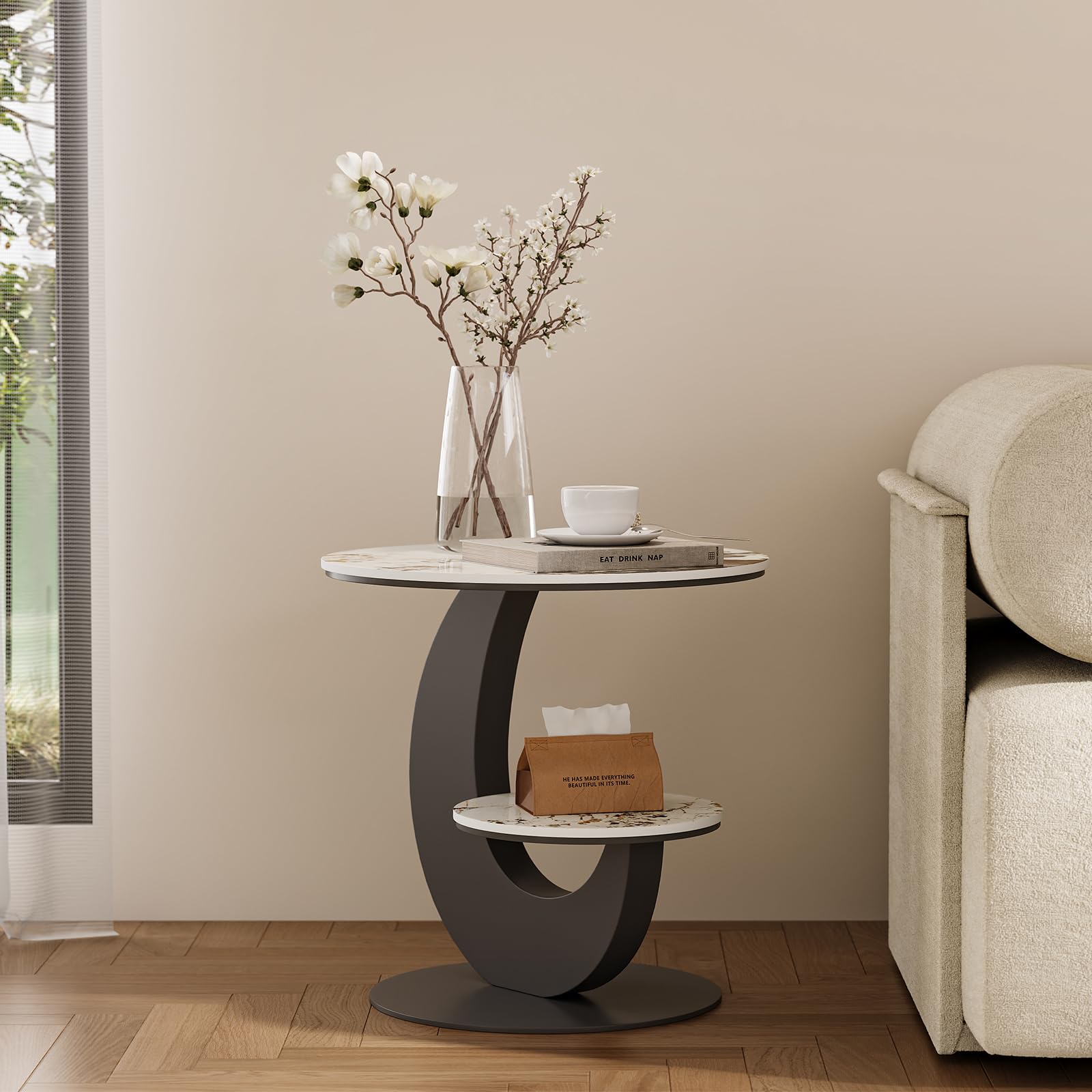 LOVEDIMA Modern Round End Table Faux Marble 2 Tiers Accent Side Table with Storage Shelf Snack Table Sofa Table for Couch Living Room (White & Gray)