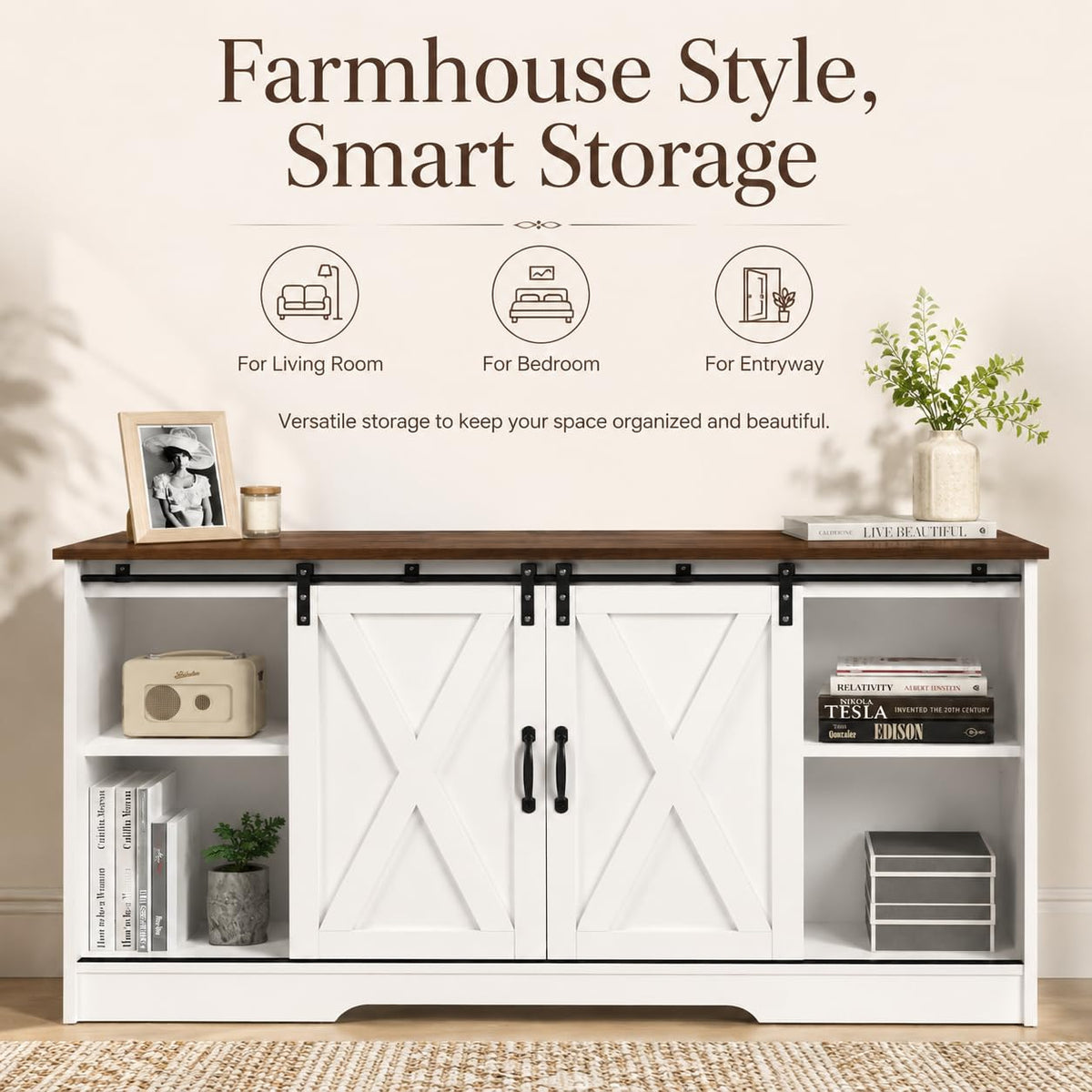 Farmhouse Coffee Bar Cabinet with Sliding Doors & Adjustable Shelves, White