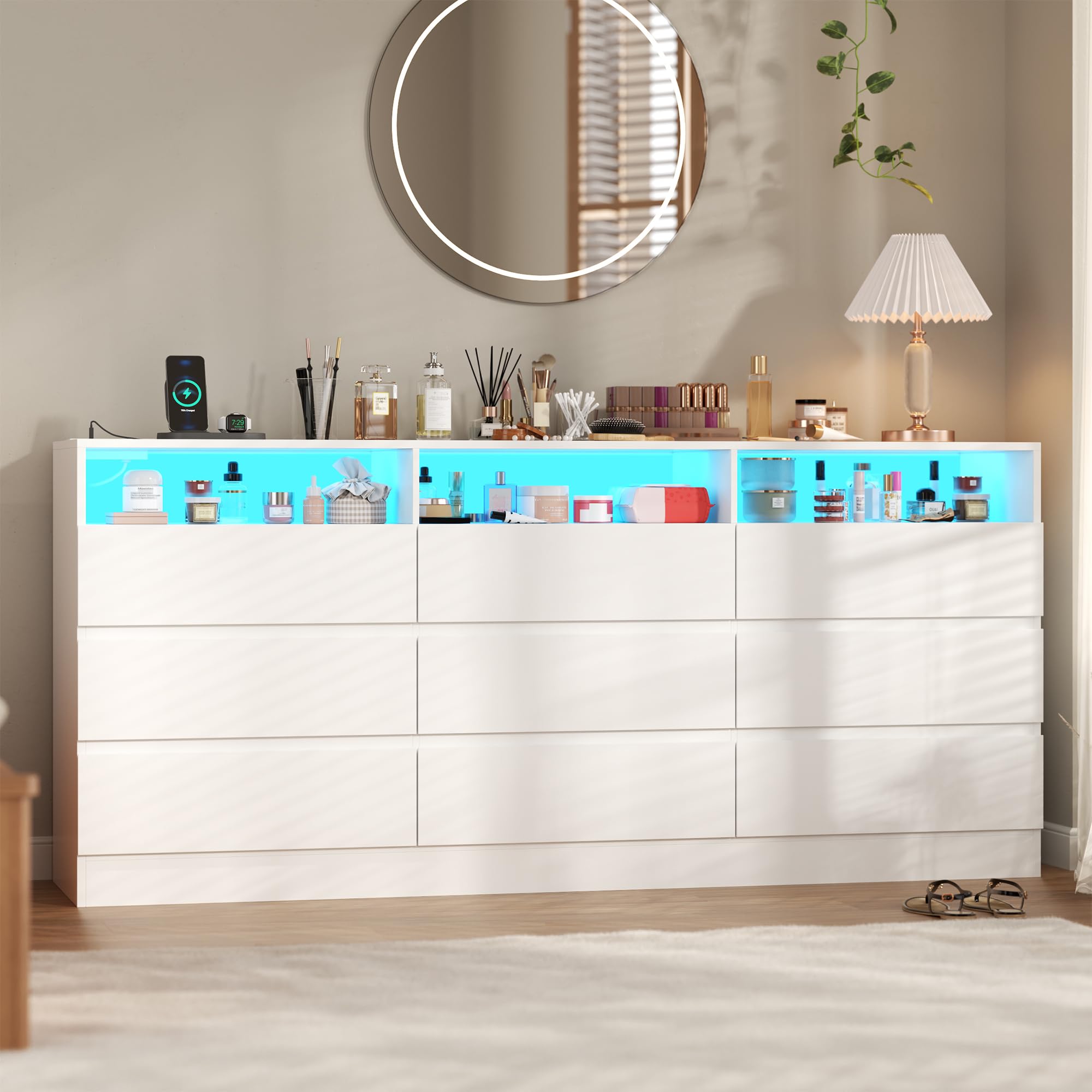 9 Drawer Dresser with Power Outlet, Modern Chest of Drawers with LED Ligh, Wood Dressers TV Stand, Double Wide Dressers Organizer for Closet, Storage Organizer Drawers for Bedroom, Living Room (White)