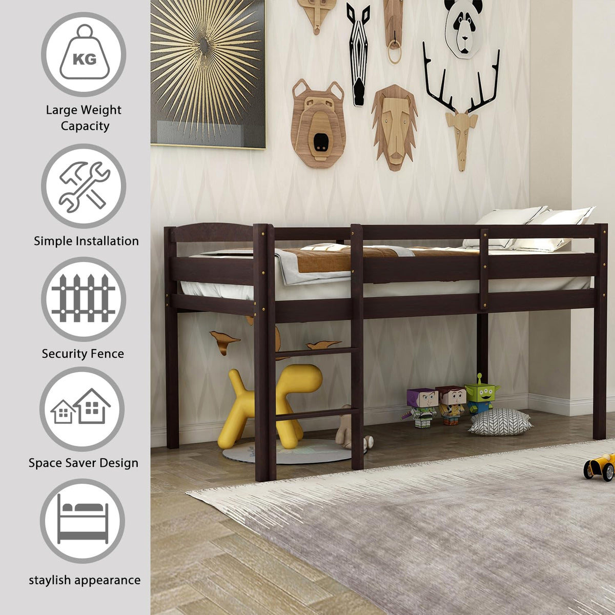 Flieks Low Loft Beds, Twin Wood Loft Bed Low Loft Beds for Kids with Ladder and Guardrails, No Box Spring Required, Easy Assembly，Space Saver (Espresso)