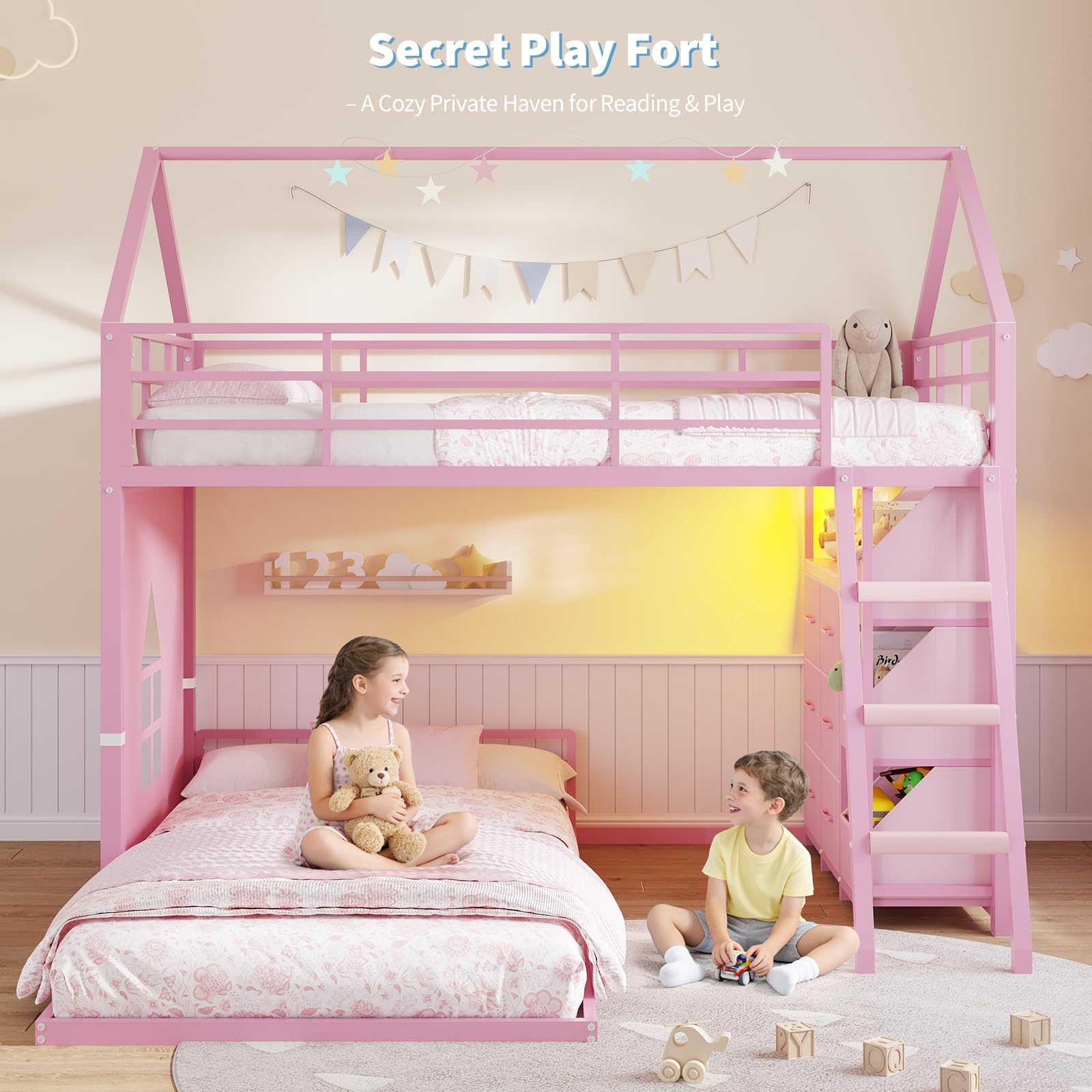 Twin Over Twin House Bunk Bed with LED Lights & Storage