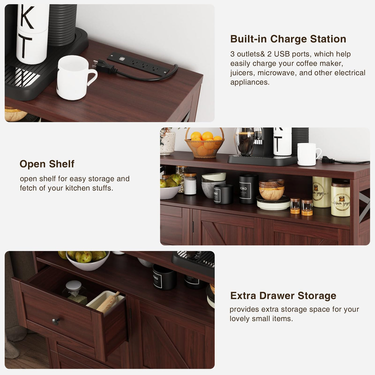Dark Brown Farmhouse Storage Cabinet with Doors & Drawers