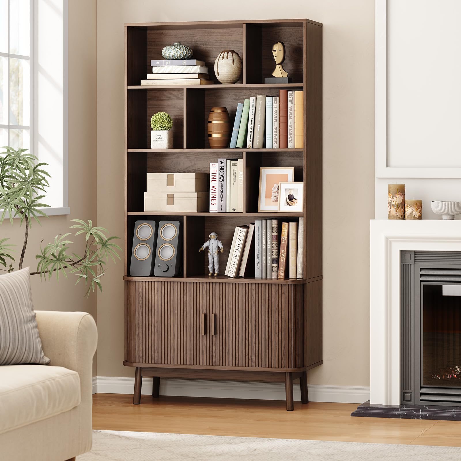 ONBRILL 71" Tall 8-Cube Storage Bookshelf, 35.4" Wide Mid-Century Modern Bookcase with Sliding Door Storage Cabinet, Freestanding Bookshelf with Solid Wood Feet, for Home Office, Living Room, Walnut