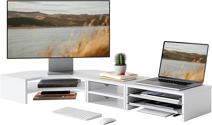 Corner Dual Monitor Stand with Drawer & Storage