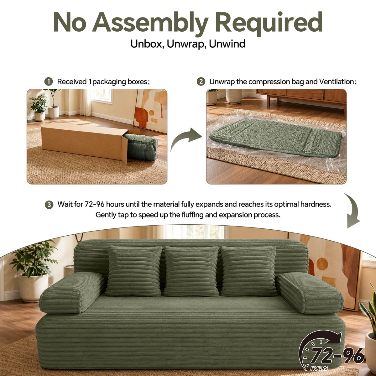 Zefurta 78" Futon Sofa Bed, Queen Size Boneless Corduroy Couch Bed (Green)