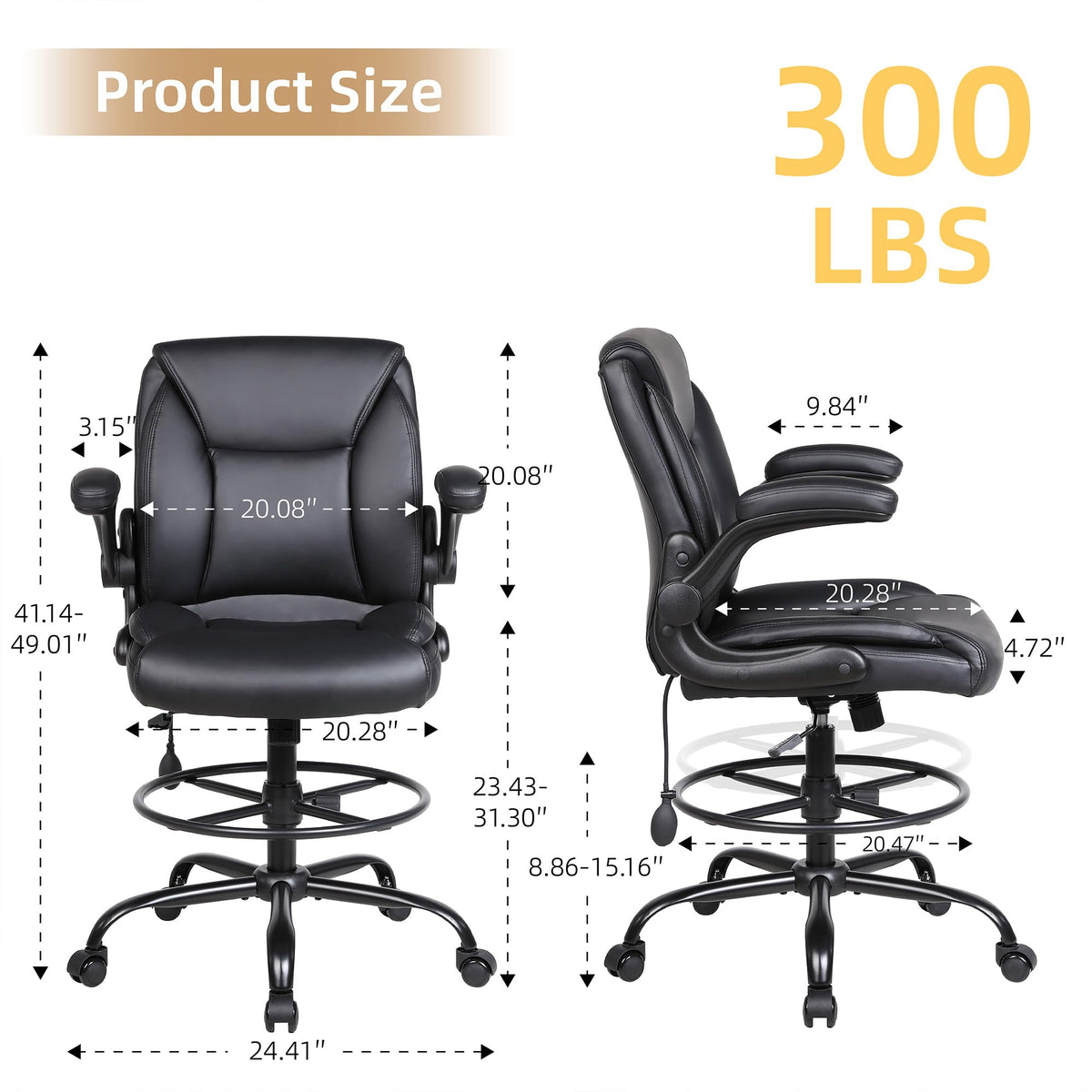 Ermnois PU Leather Drafting Chair, Adjustable Lumbar Support, Black,1