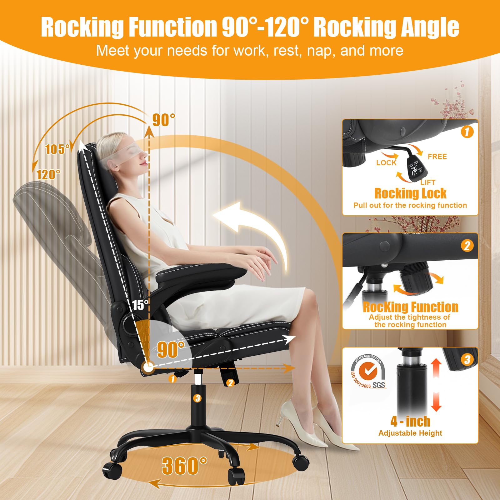 Mid-High Back Leather Office Chair with Flip-Up Armrests