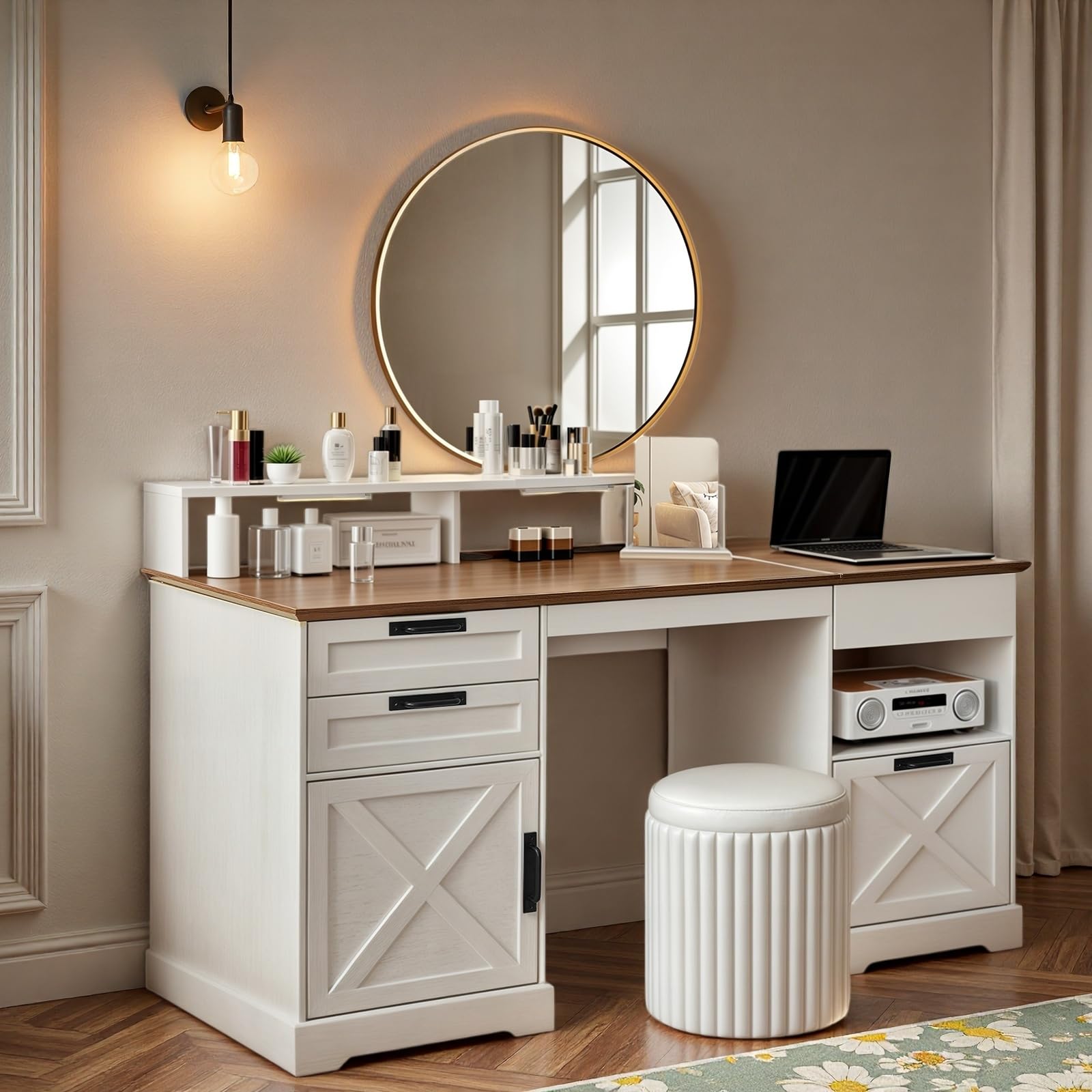 JanflyHome Executive Desk with Lift Top, 63" Computer Desk with Sensor Lights, Charging Station, File Drawers & Farmhouse Design for Home Office (White)