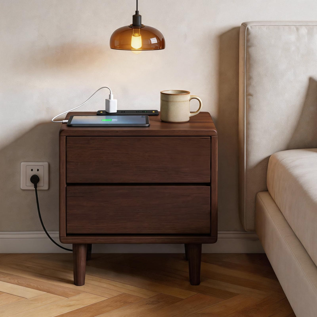Solid Wood Nightstand with Charging Station,USB-C Port, 15.7 inch Wide End Table with 2 Drawers, Modern Wood Bedside Table for Bedroom(Walnut)