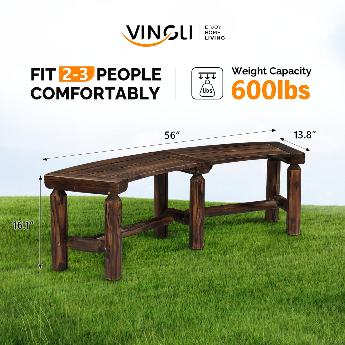 VINGLI Outdoor Bench Wooden Curved Bench, All-Weather Fire Pit Backless Patio Bench, 2-Person Seating Rustic Garden Bench for Backyard Porch Deck Entryway (Carbonized)