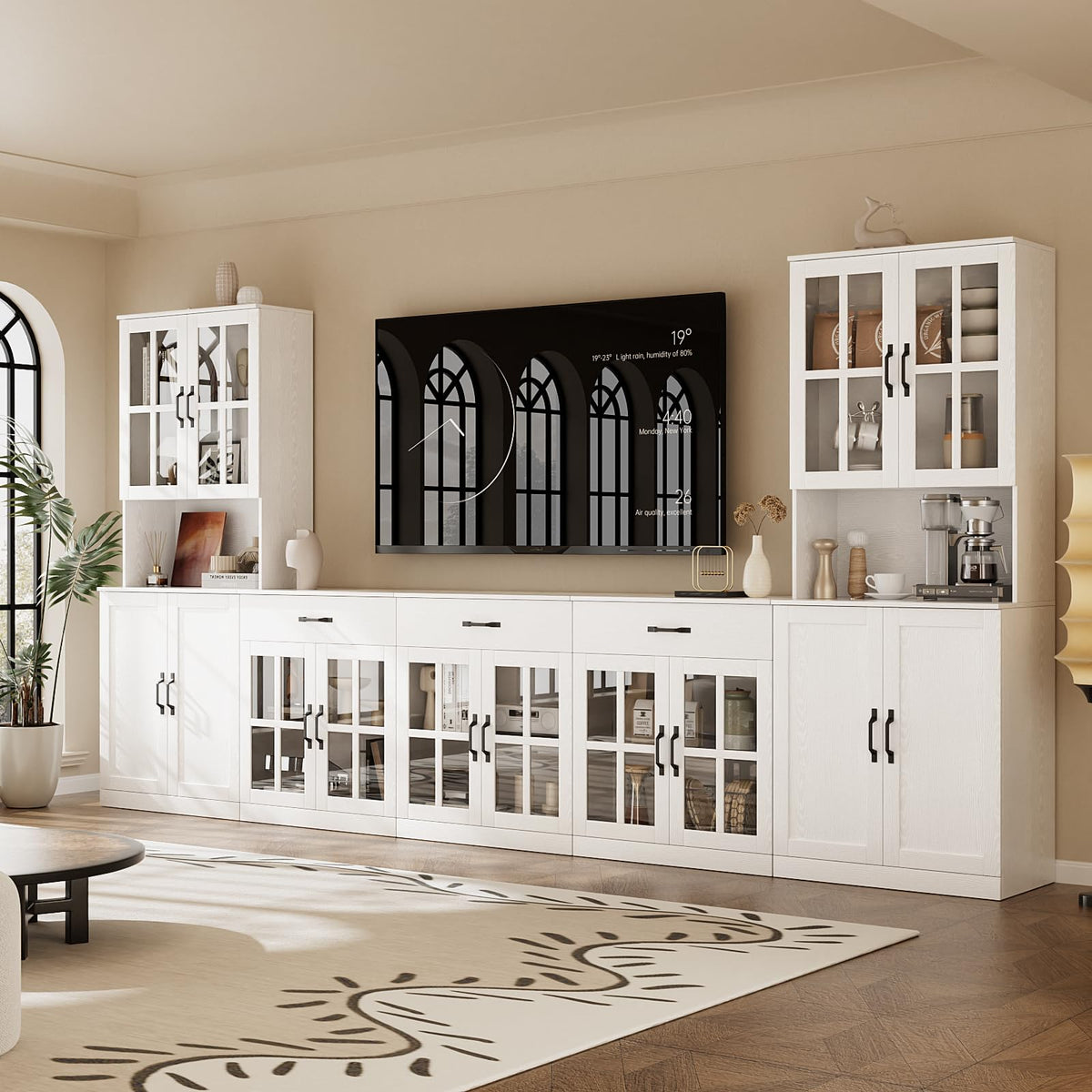 VOWNER 71" TV Stand for TVs up to 75", Entertainment Center with Bookcases & Drawers, 5PCS Media Console with Glass Doors, Tall Media Center for Living Room (White, AHHHA)