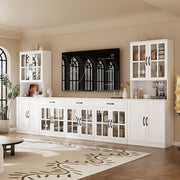 VOWNER 71" TV Stand for TVs up to 75", Entertainment Center with Bookcases & Drawers, 5PCS Media Console with Glass Doors, Tall Media Center for Living Room (White, AHHHA)