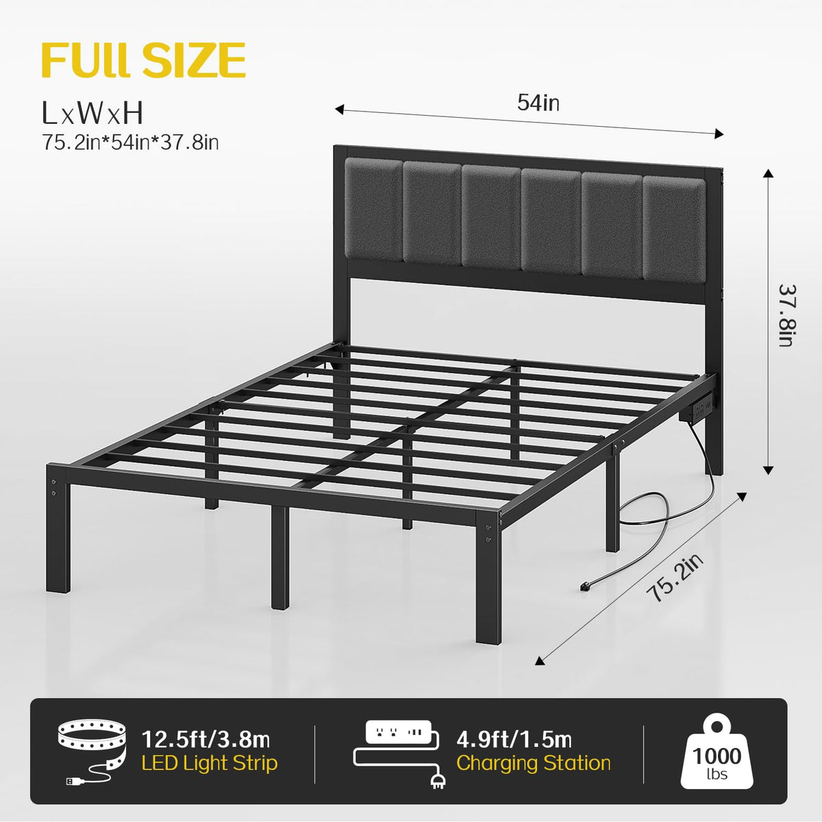 Full LED Bed Frame with Charging Ports