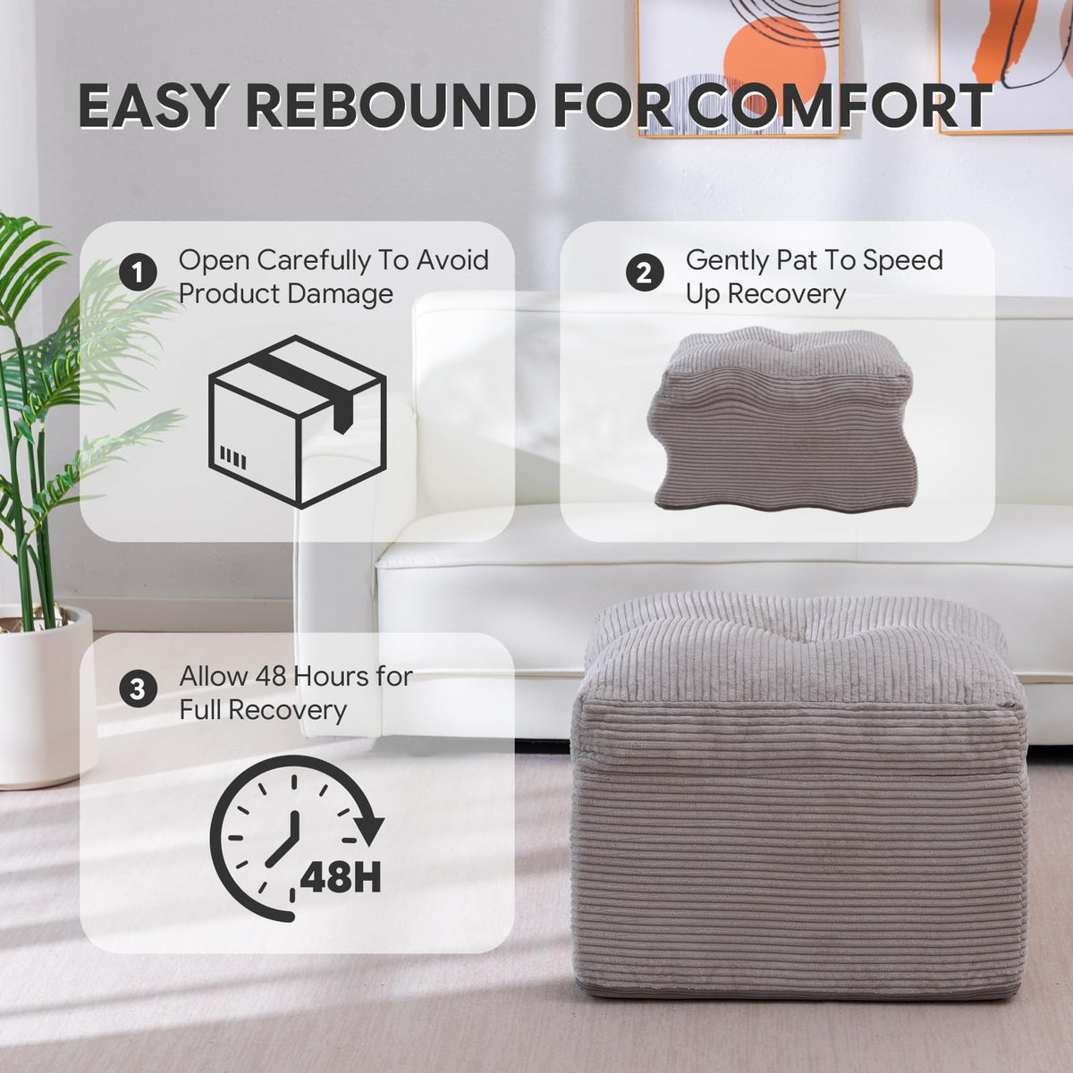 Smaour Pouf Ottoman, Corduroy Square Foot Stools with Filling, Light Grey
