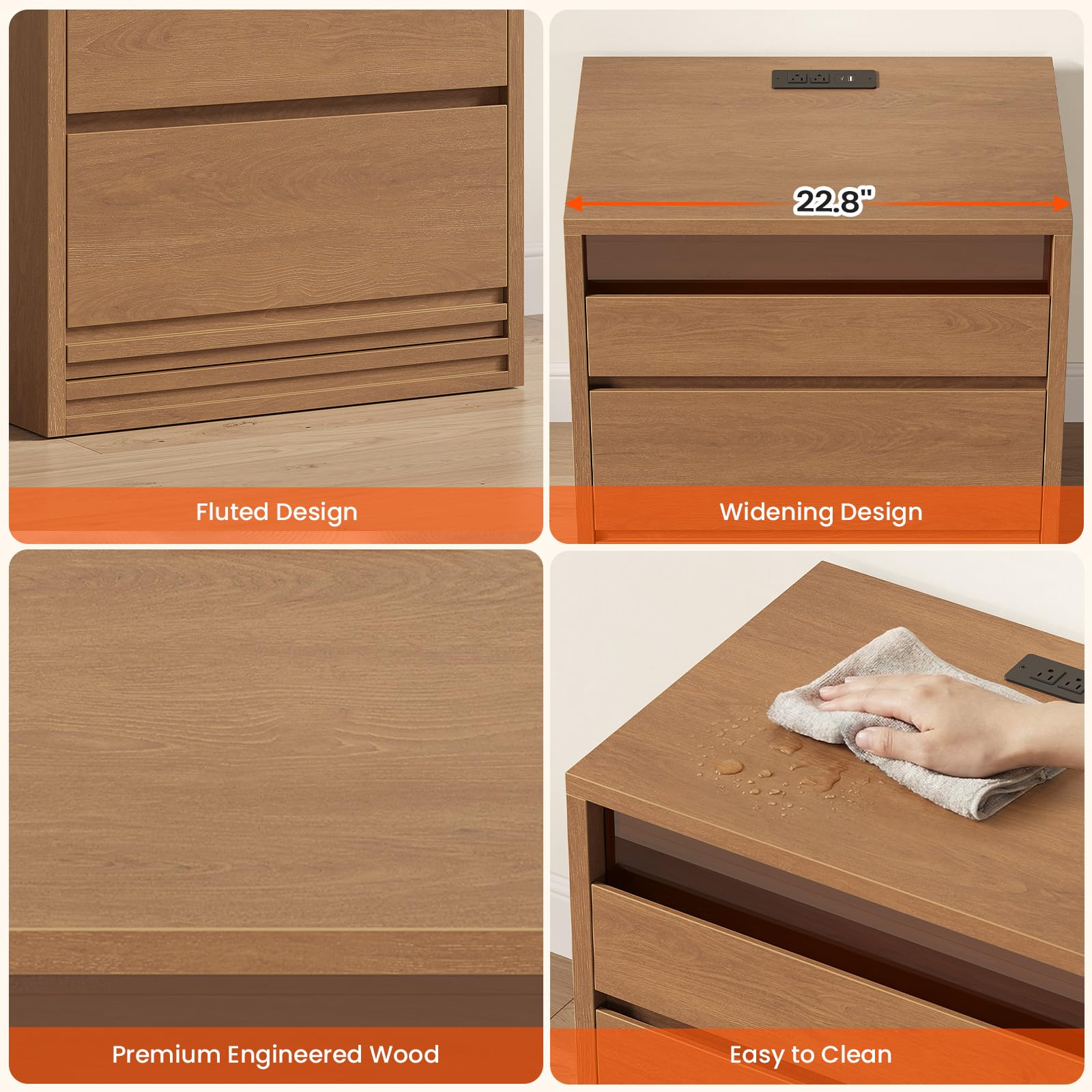 Sikaic 22" Fluted Nightstand with Charging Station and LED Lights, Bedside Table with Glass Drawers, Mid-Century Modern End Side Table for Bedroom, Walnut Brown