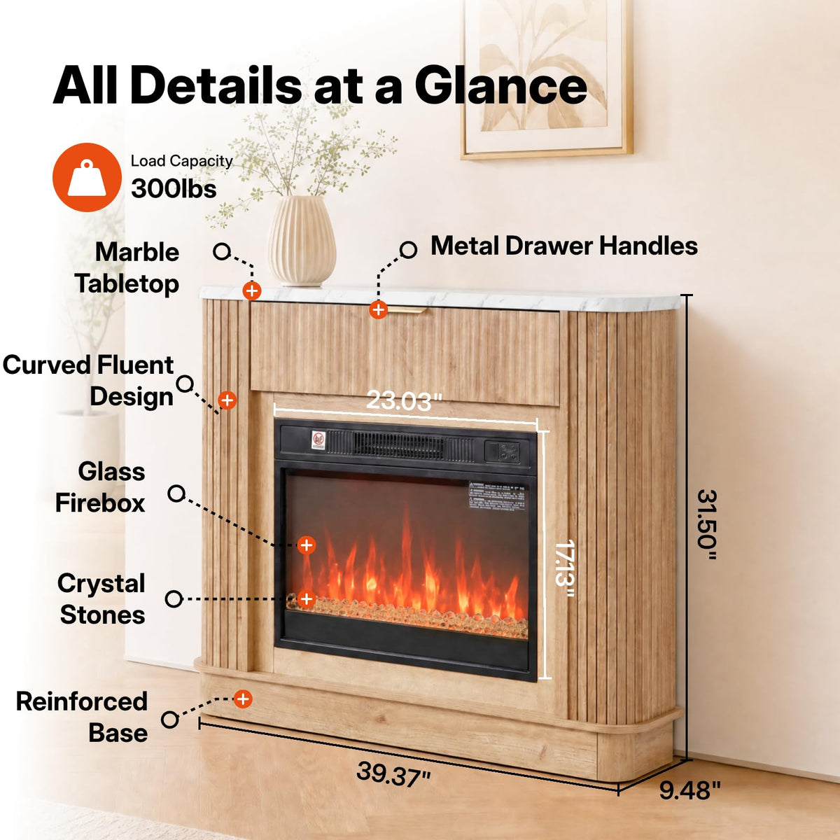 NORTHSKY 39" Farmhouse Electric Fireplace with Mantel, 23" Insert 9‑Color LED Crystal Flame Effect, Freestanding Curved Fluted Wood Fireplace Heater W/Storage&Remote Control for Living Room Bedroom