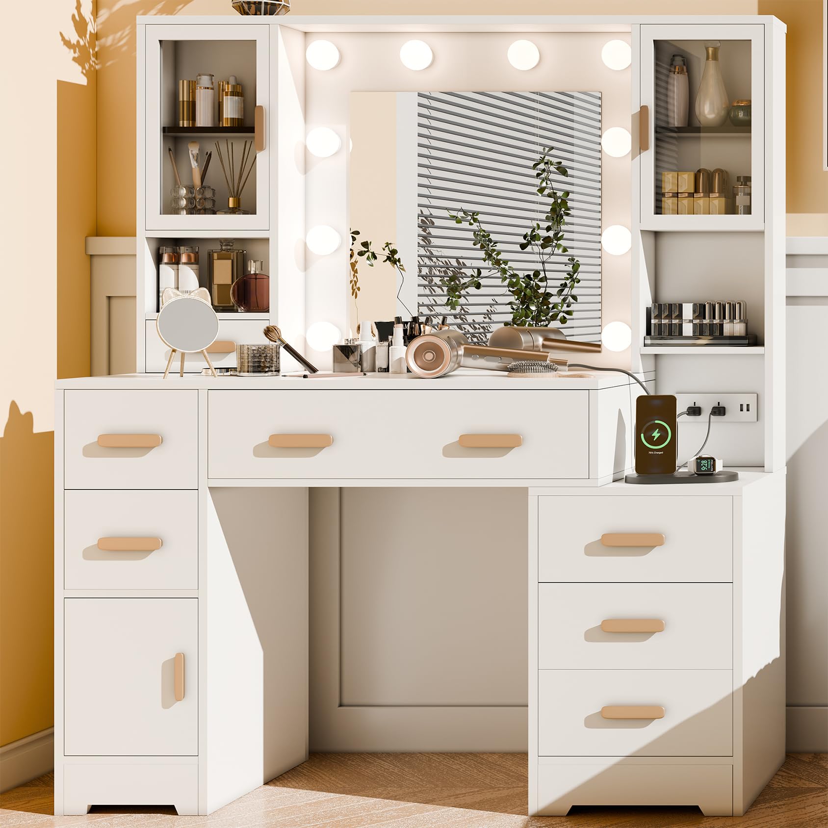 AISALL 48.8" Makeup Vanity, Large Vanity Desk with Mirror and Lights, Makeup Desk with Charging Station, Vanity Dresser with 7 Drawers for Bedroom Dressing Room, for Women, Girls, White