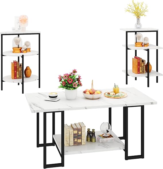 White Faux Marble Coffee Table Set