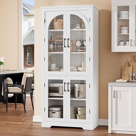70" Arched Glass Door Kitchen Pantry Cabinet