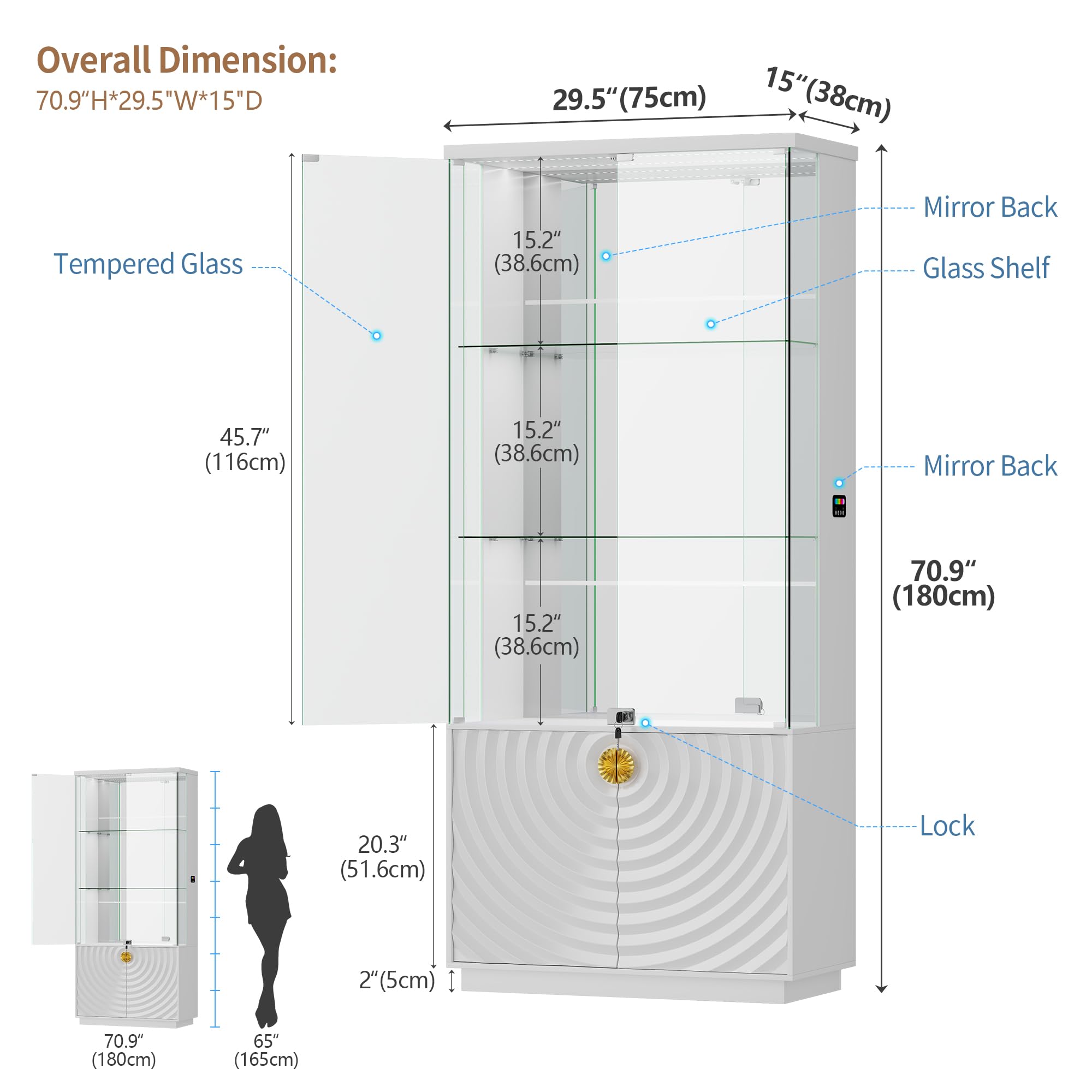 4-Tier Glass Display Cabinet with RGB LED Lights, Motion Sensor & Lockable Pop-Up Door – 70.9"
