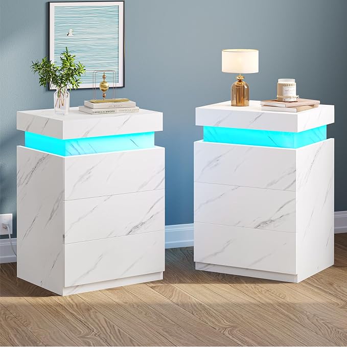 LED Nightstands with Charging Station, Set of 2