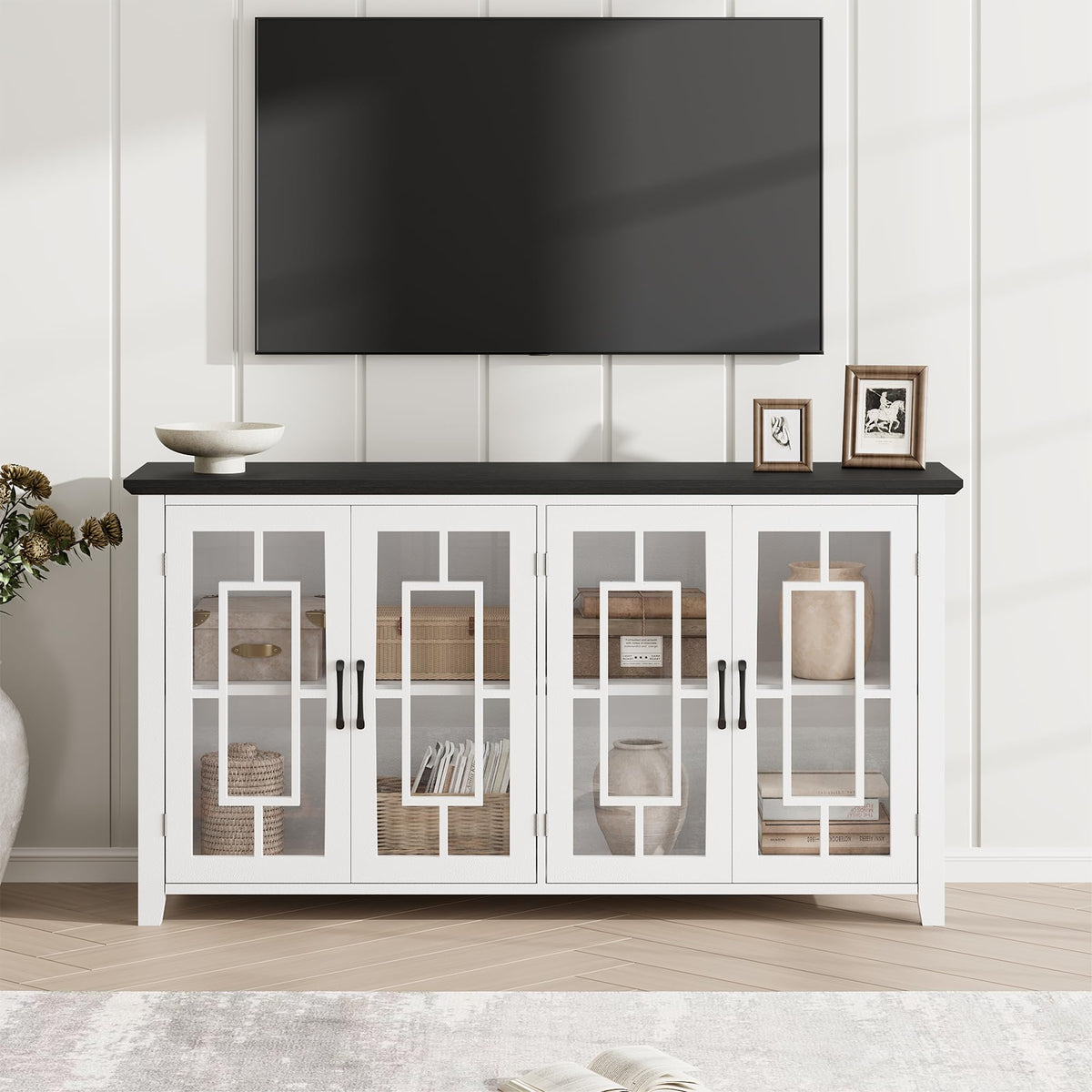Garvee 63" Sideboard Buffet Cabinet with Storage and 4 Tempered Glass Doors