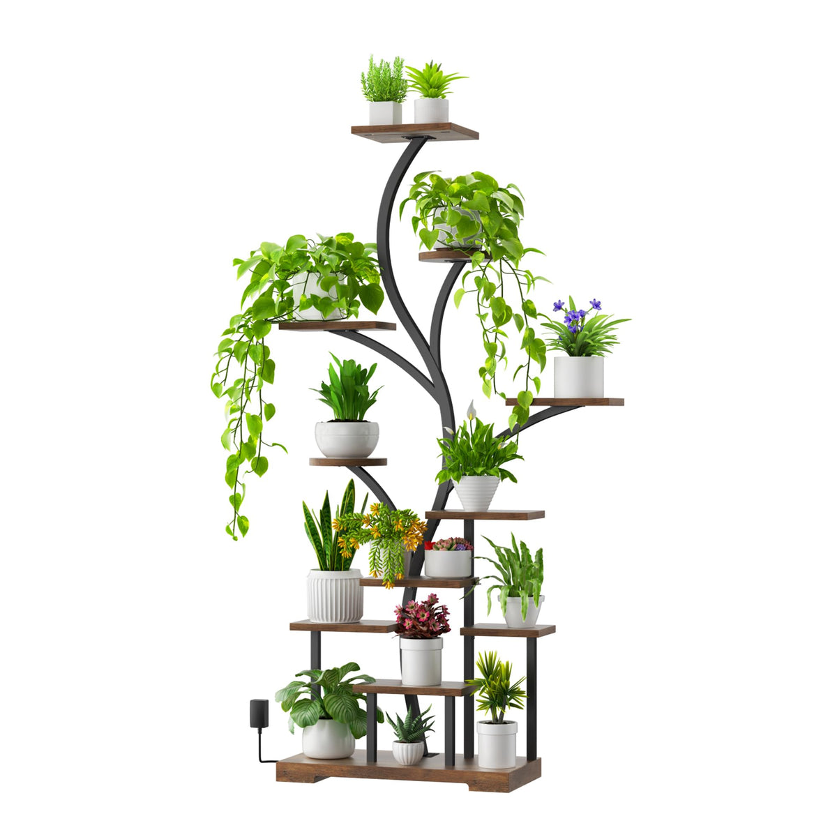 BELLEZE 63 Inch 11-Tier Metal Plant Stand with LED Grow Lights, Tall Indoor Plant Shelf & Corner Flower Display Rack for 15-18 Pots of Large Plants in Living Room, Bedroom, or Balcony (Brown)