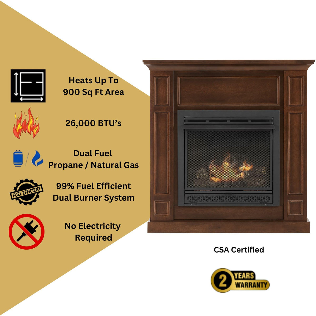Comfort Glow Dual Fuel Walnut Vent Free Gas Fireplace, 26,000 BTU GFD3810T
