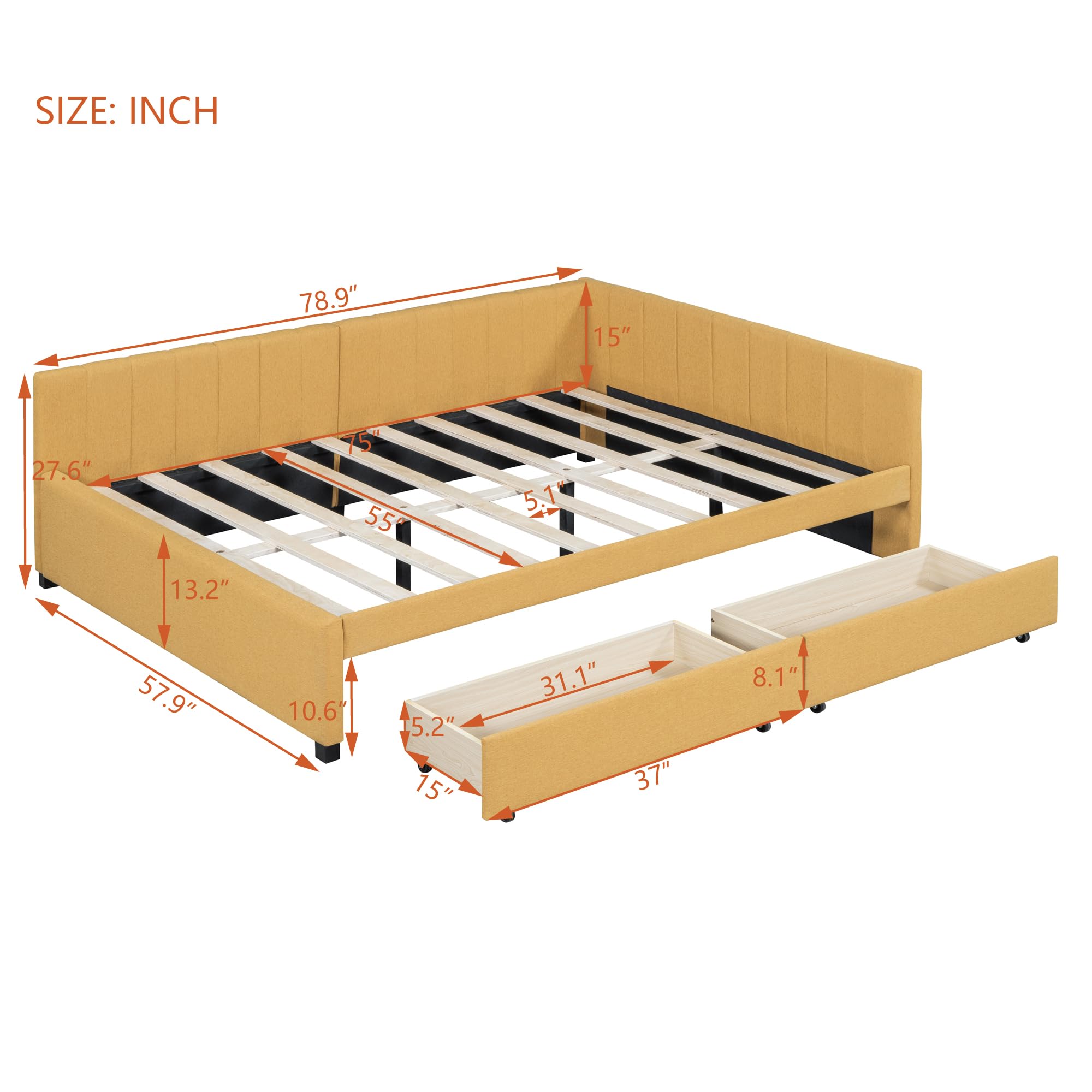 Merax Full Size Daybed with Drawers, Upholstered Full Daybed, Linen Fabric Sofa Bed, No Box Spring Needed, Yellow