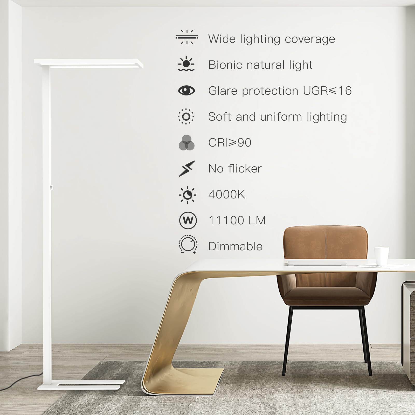 STERREN 76" Led Floor Lamp, 105W White Modern Free-Standing Lamp,11100LM Dimmable Eye-Care Tall Reading Lamp for Reading Study Room,Office,Meeting Room,4000K Natural Daylight