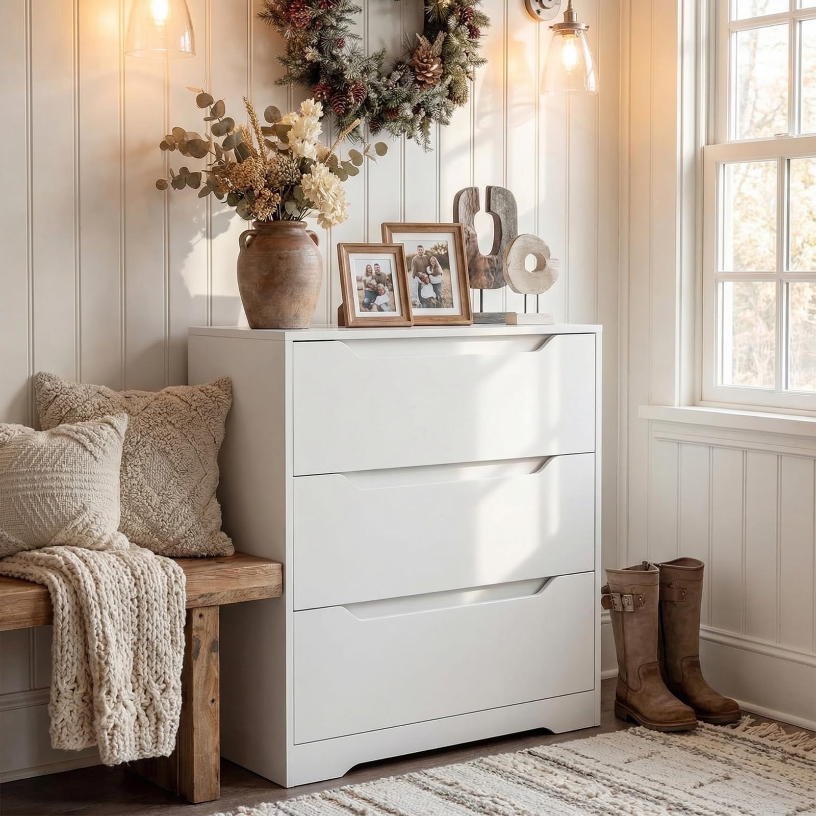 HOSTACK Modern 3 Drawer Dresser, Wood Chest of Drawers with Storage, Tall Nightstand with Cut-Out Handles, Side End Table, Accent Storage Cabinet for Living Room, Entryway, White
