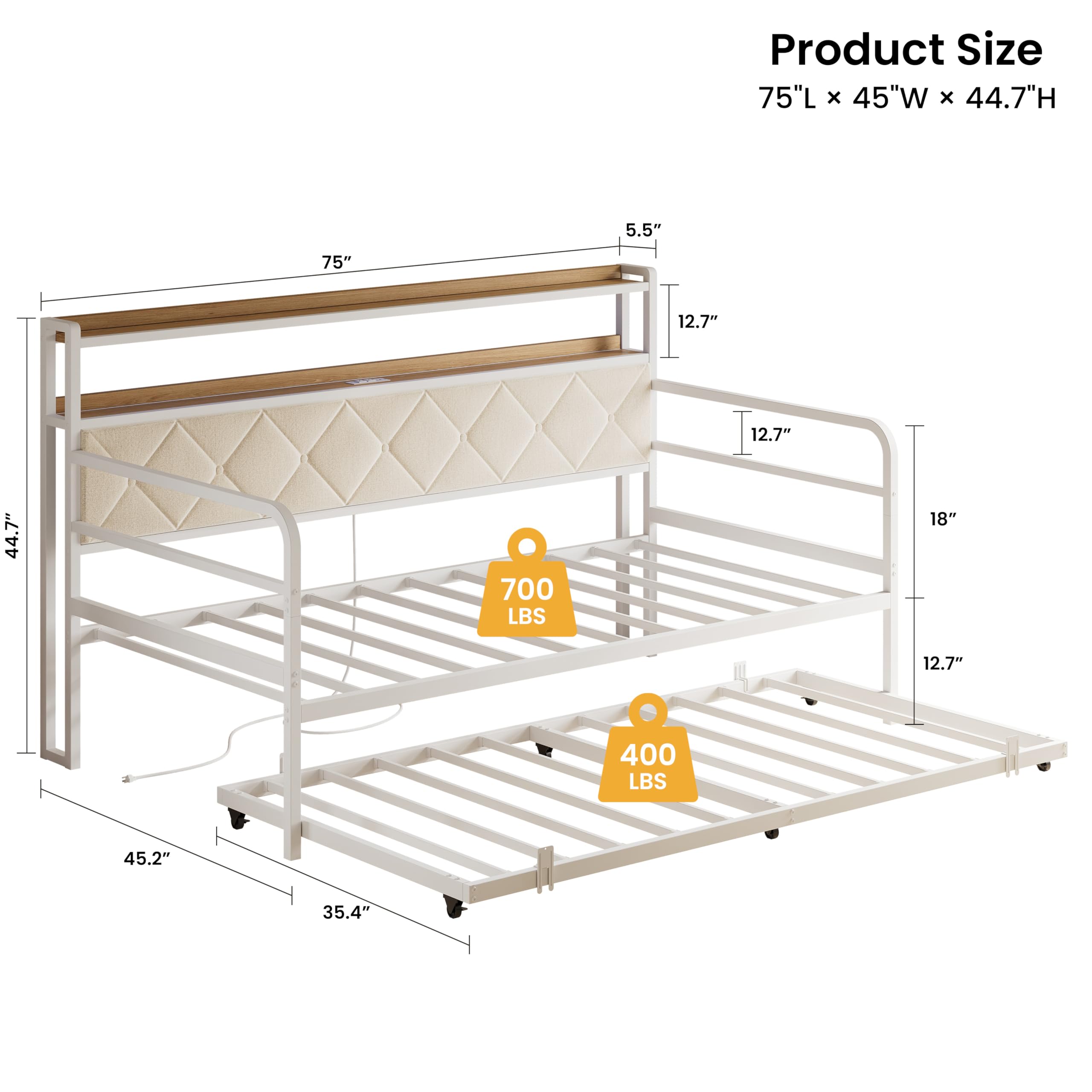 LIKIMIO Twin Daybed with Trundle, 700lbs Capacity, LED Lights & Charging Station, Twin Bed Frame with Storage, Convertible Sofa Bed for Bedroom, Living Room, White