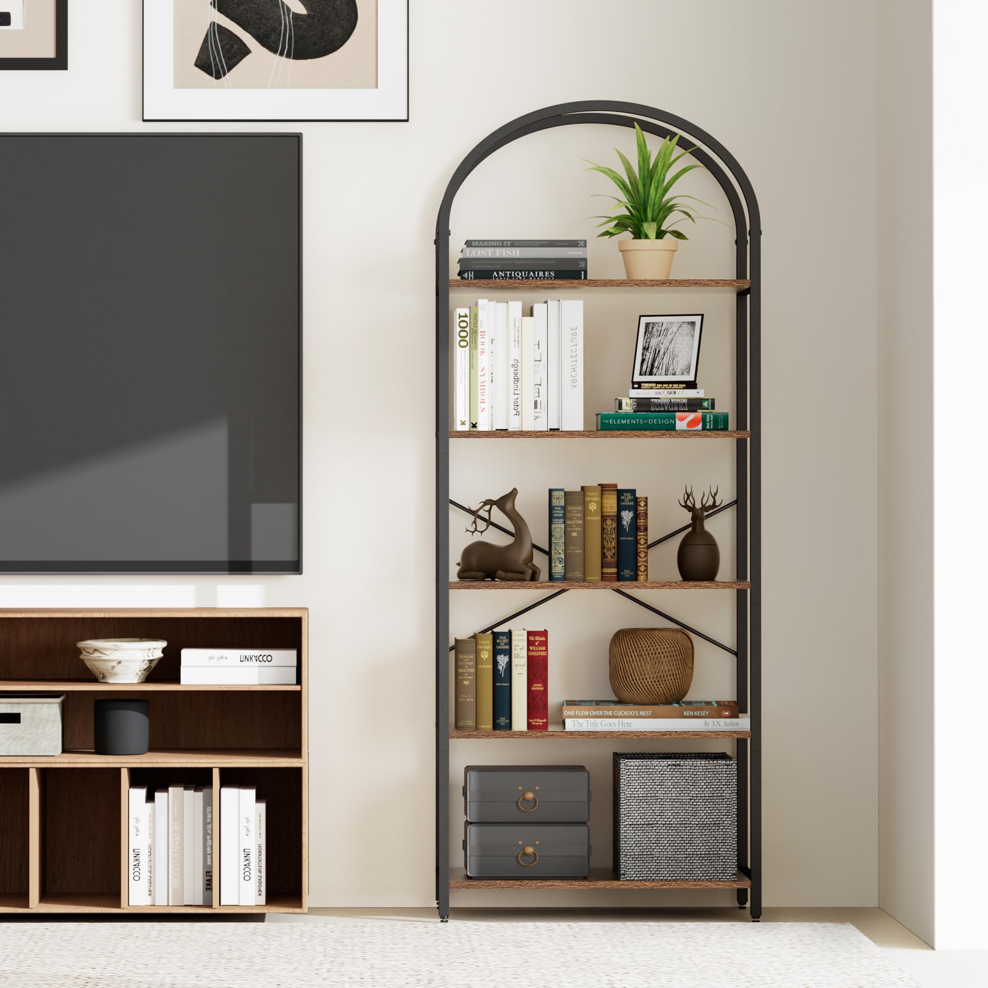 Homhedy 5-Tier Bookshelf Arched Display Racks, Wood and Metal Bookcase, Tall Bookshelf, Industrial Display Standing Shelf Unit, for Home Office, Living Room, Bedroom, Bathroom, Rustic Brown