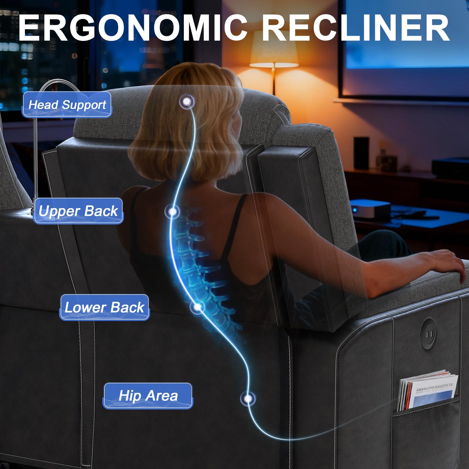 Manual Loveseat Recliner Sofa, Home Theater Seating with Touch Reading Light, Console with Cup Holders & Storage, USB Ports, 2 Seater Reclining Couch for Living Room, RV, Home Theater