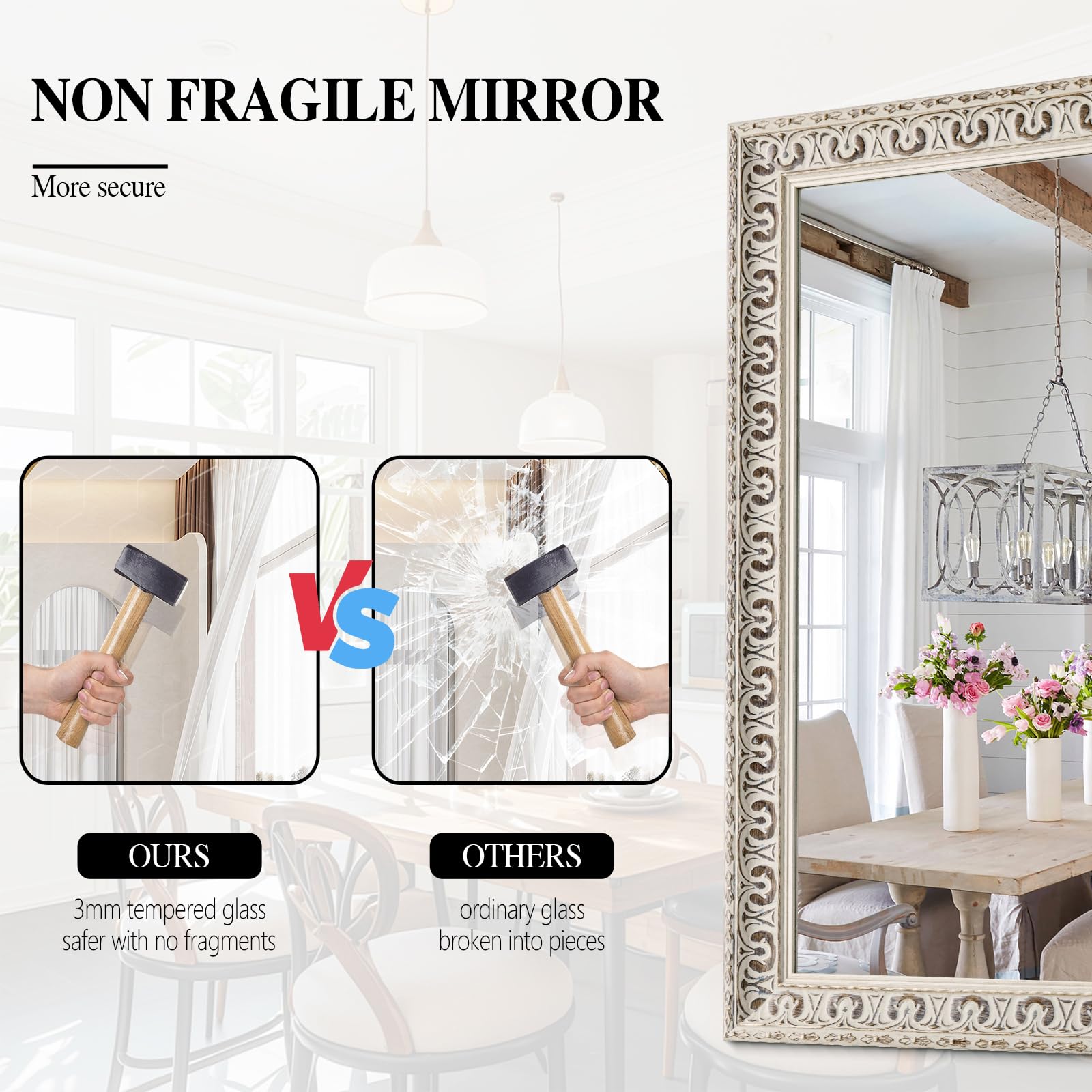 Vintage White Wall Mirror with Butterfly Carvings & Solid Wood Frame